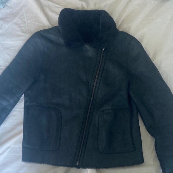 Black Leather Reversable Fur Moto Shearling Jacket Penny Lane - Picture 6 of 8